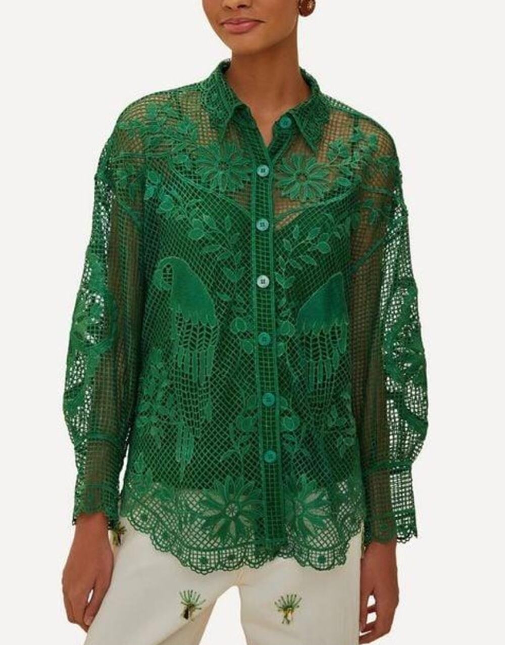 Farm Rio Green Landscape Guipure Lace Button Up Shirt Blouse Size XL EUC No Slip